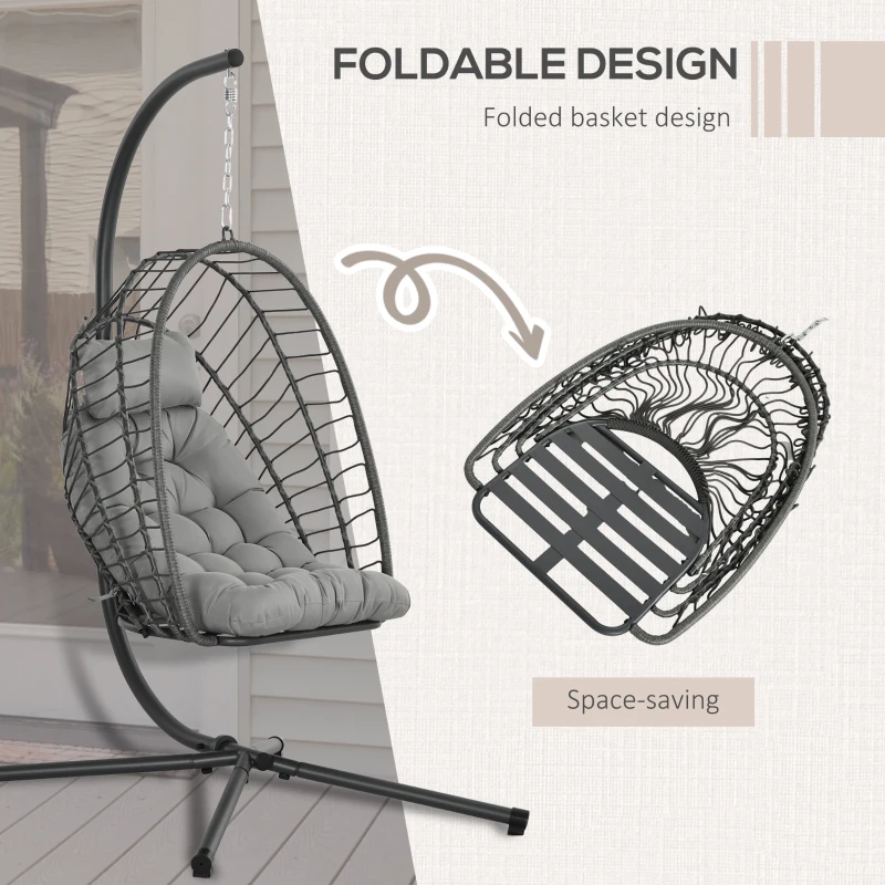 Outsunny Hanging Egg Chair with Stand, Foldable Wicker Rattan Swing Chair with Thick Cushion, Light Grey