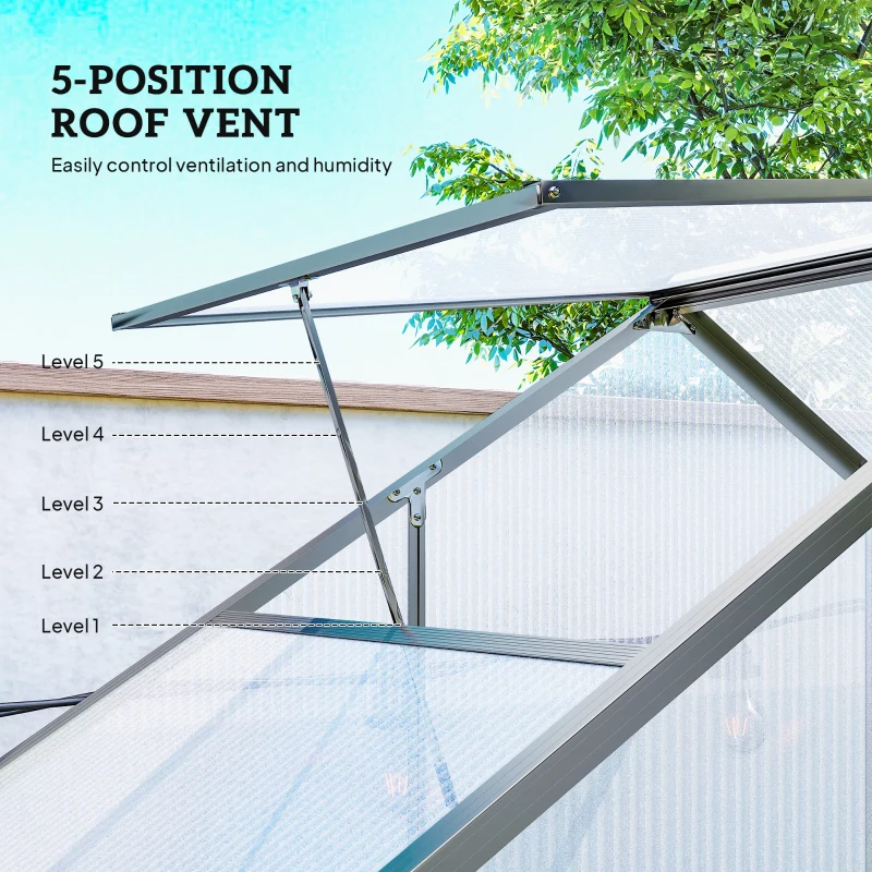 Outsunny 6' x 2.5' Walk-in Polycarbonate Greenhouse Aluminium Green House with Sliding Door, 5-Level Roof Vent, Rain Gutter