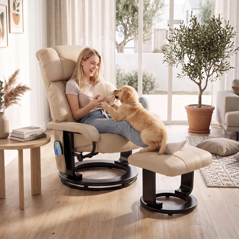 HOMCOM Massage Recliner Chair with Ottoman, 360° Swivel Recliner and Footstool, 10-Point Vibration, Beige