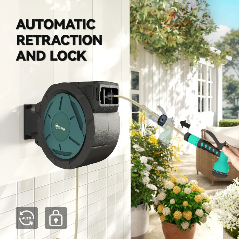 Outsunny 1/2 in x 65ft Wall Mounted Garden Hose Reel, Retractable Water Hose Reel with Auto Rewind, Any Length Lock, Blue