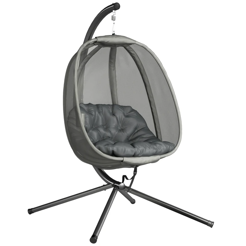 Outsunny Hanging Egg Chair, Outdoor Indoor Swing Chair with Stand, Folding Basket and Thickened Cushion, Grey