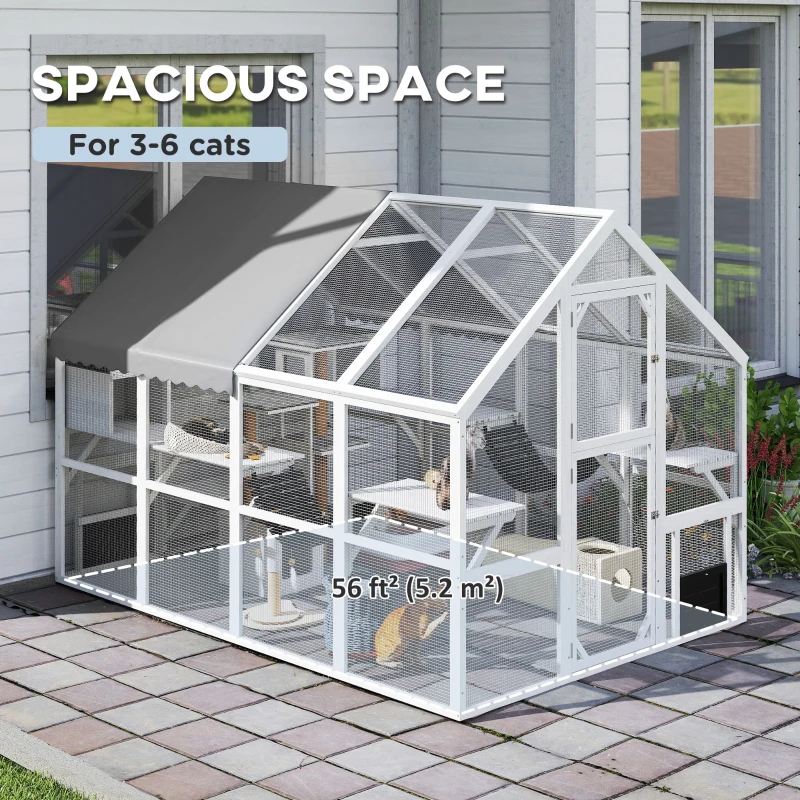 PawHut Outdoor Cat Enclosure Wooden Feral Cat House w/ Weatherproof Canopy, Bridges, Resting Boxes, Platforms, for 3-6 Cats