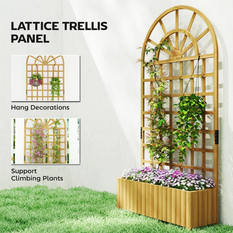 Outsunny Wooden Raised Garden Bed with Lattice Trellis, Outdoor Elevated Planter Box with Drainage Holes for Climbing Plants