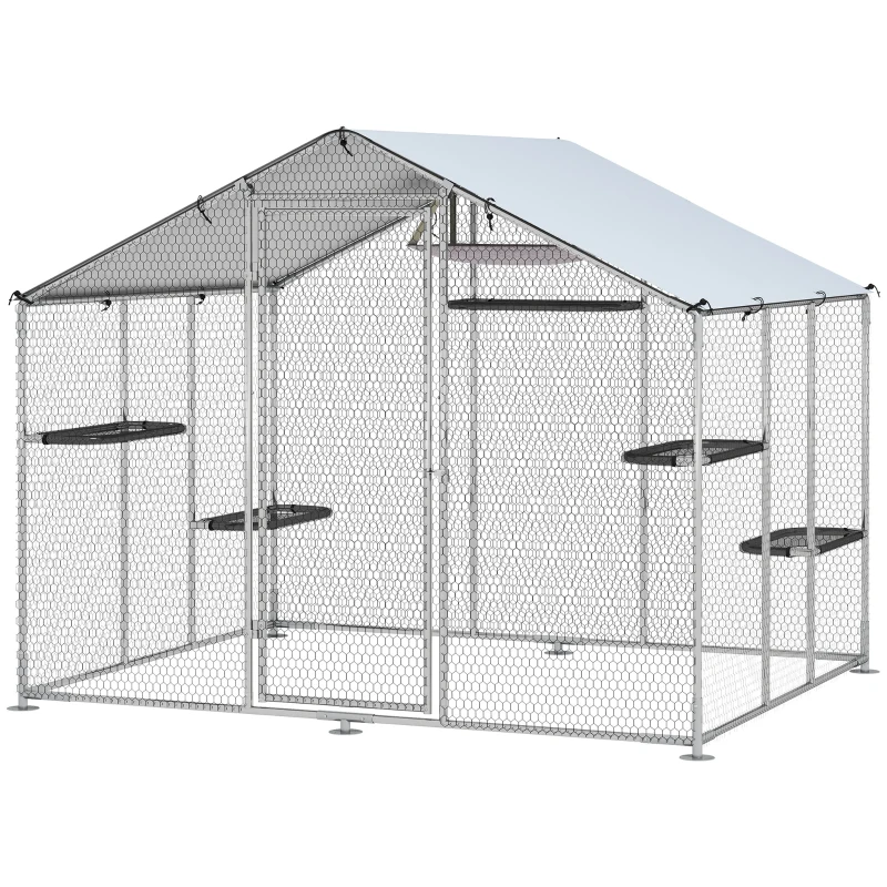 PawHut Large Catio Outdoor Cat Enclosure with Waterproof Cover, Walk-in Cat Patio w/ 5 Adjustable Platforms & Hammock 94.5" L