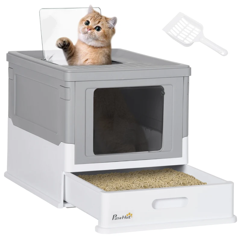 PawHut Top Entry Enclosed Kitty Litter Box with Scoop, Tray, Front Entry, Large Space, Foldable, Portable, Grey