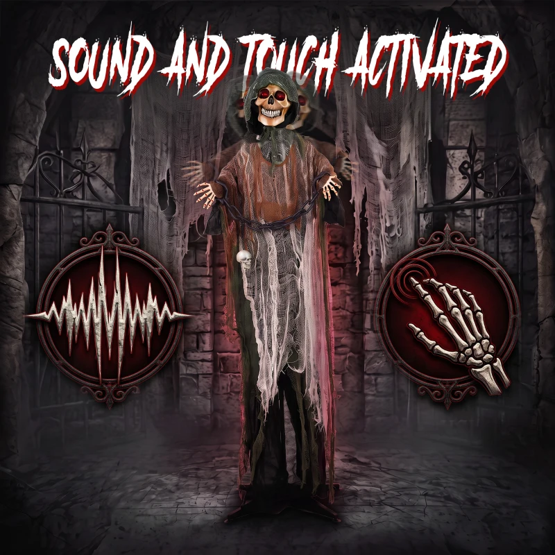 HOMCOM 5.6 ft Animated Grim Reaper, Life-Size Halloween Animatronic with Moving Hands/Head, Glowing Eyes, Creepy Sound