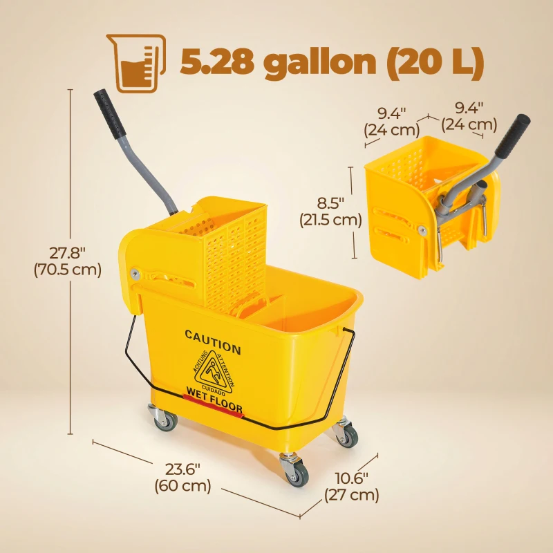 HOMCOM Compact Mop Bucket with Wringer, Mop Bucket on Wheels, 5 Gallon, Separate Dirty and Clean Water, Yellow
