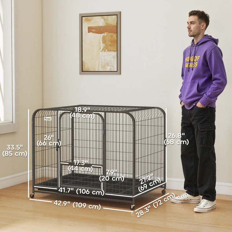 PawHut 43 Inch Heavy Duty Dog Crate, Extra Large Metal Dog Cage with Lockable Wheels and Removable Tray