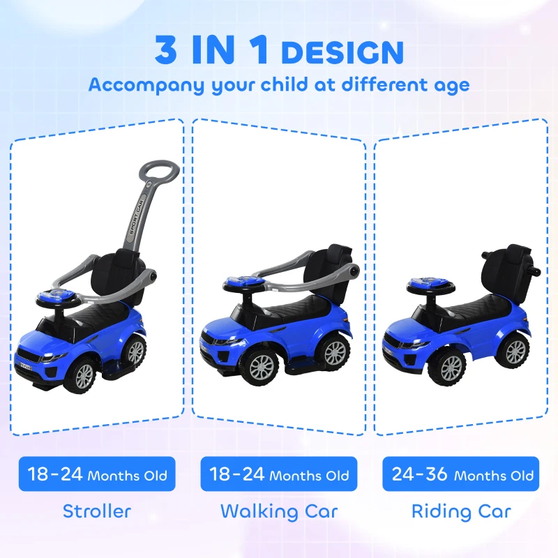 Aosom 3 in 1 Kid Ride on Push Car, Toddlers Sliding Walking Car, with Horn, Under Seat Storage, for 18-36 Months, Blue