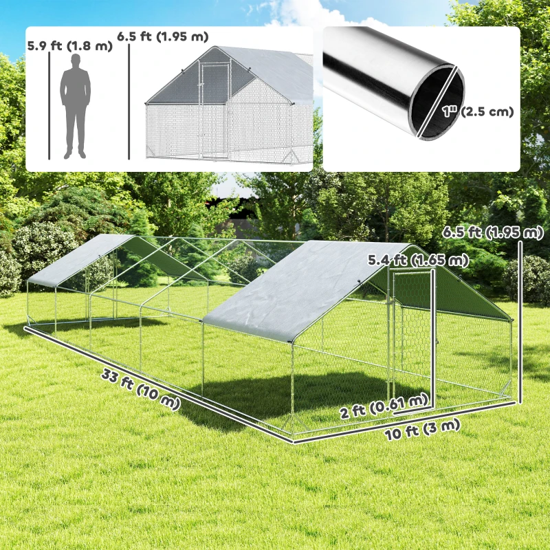 PawHut Metal Chicken Coop with Water- and UV-Protection Cover for Backyard Hen, Duck, Rabbit, 32.8' x 9.8' x 6.4'