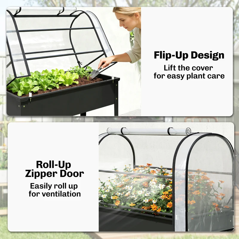 Outsunny Raised Garden Bed with Flip-Up Greenhouse Cover, Metal Elevated Garden Bed with Legs and Drainage Hole, Black