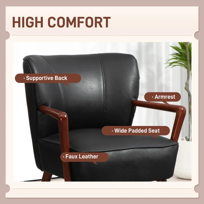 HOMCOM Accent Chair, Modern Armchair, Faux Leather Upholstered Living Room Chair with Wood Legs and Wide Padded Seat, Black