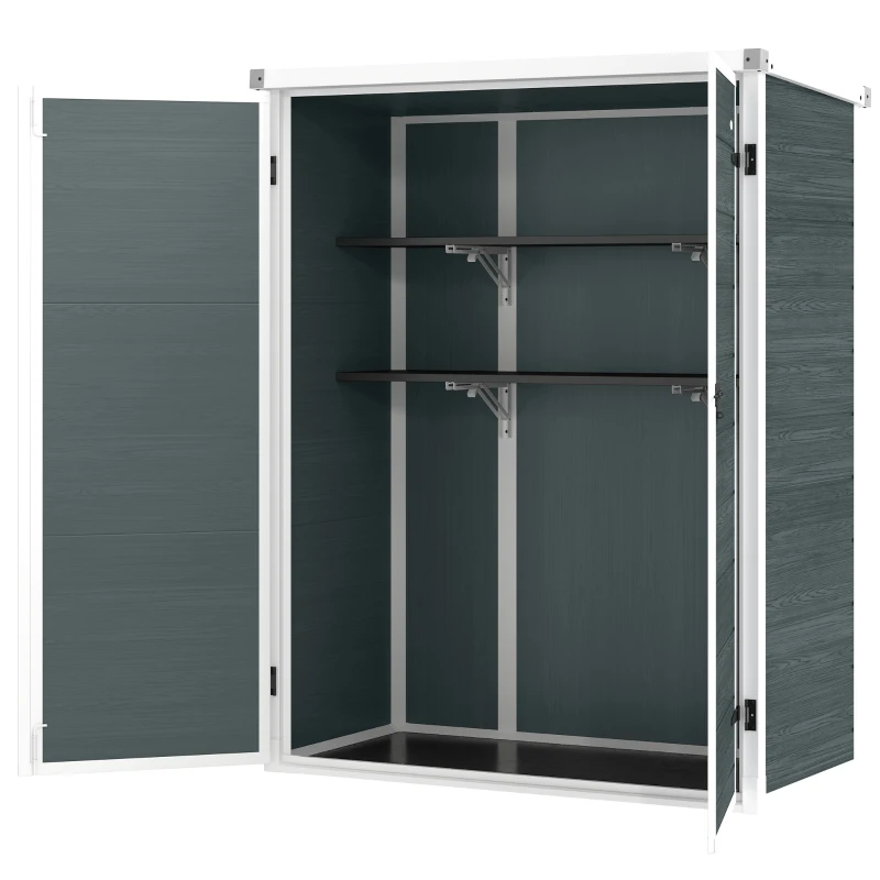 Outsunny Outdoor 4.4' x 2.3' Plastic Storage Shed with Lockable Doors and Foldable Shelves, Wood-Effect Garden Shed, Grey