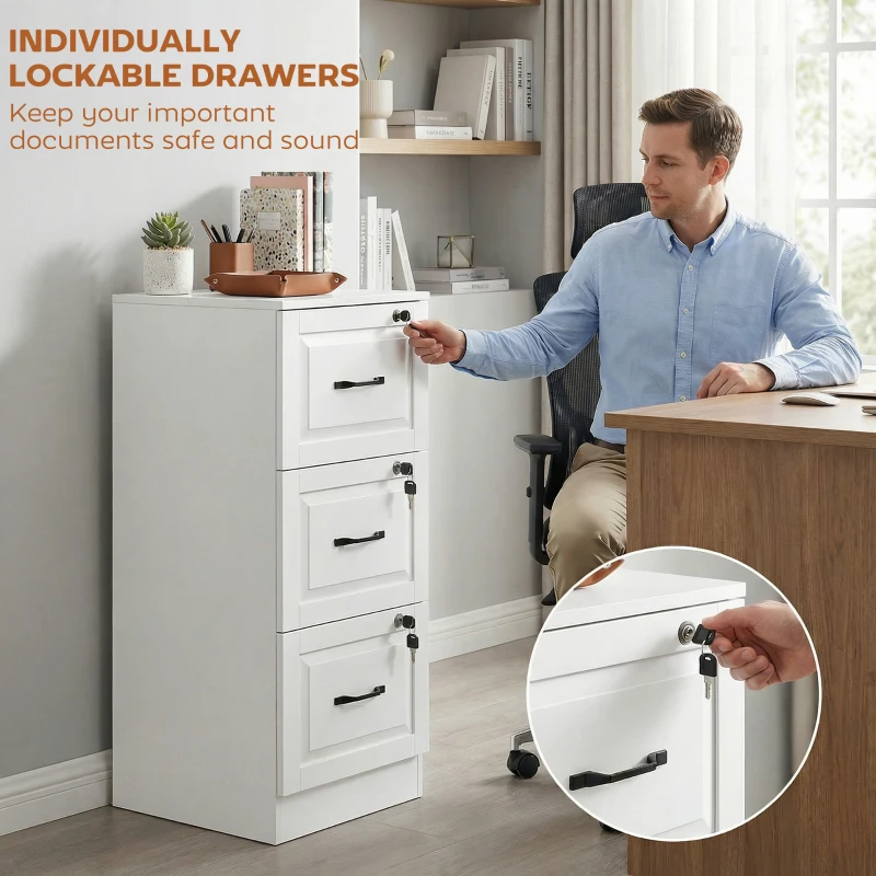 HOMCOM 3 Drawer File Cabinet with Lock, Vertical Filing Cabinet with Adjustable Hanging Bars for A4 and Letter Size, White