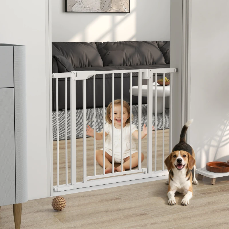 PawHut Baby Gate, Pet Safety Gate Pressure Fit, Wide with Two-Way Open, Auto-Close for Stair, Doorways, Hallways, 30"H, White