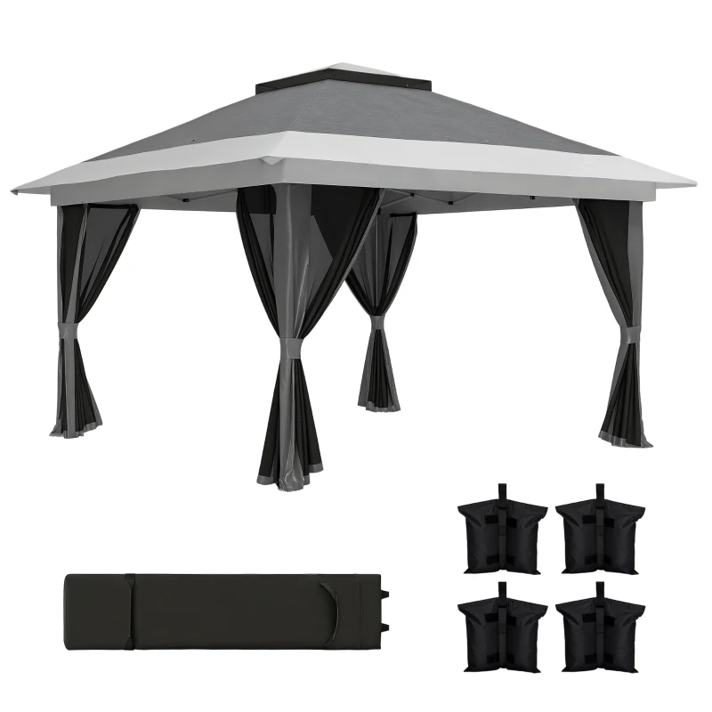 Outsunny 11.7' x 11.7' Pop Up Canopy Tent with Netting, UPF50+ Instant Sun Shelter with Wheeled Carry Bag and Sand Bags