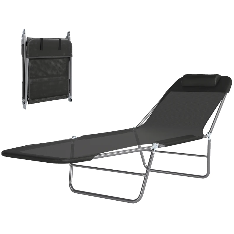 Outsunny Outdoor Lounge Chair, Portable Adjustable Reclining Seat Folding Chaise Lounge Patio Camping Beach Tanning Chair Bed with Pillow, Black