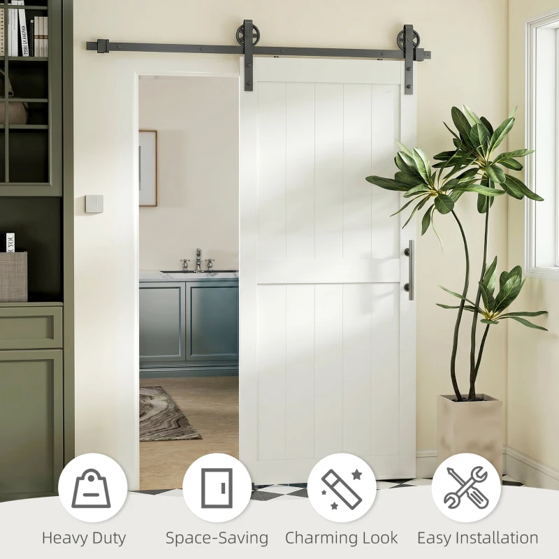 HOMCOM 32inx84in Barn Door with 6FT Sliding Door Hardware Kit, Handle, Upgraded Rollers and Floor Guide, Waterproof, White