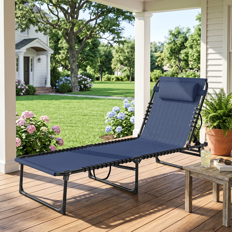 Outsunny Folding Chaise Lounge Pool Chair with 4-Position Reclining Back, Pillow, Breathable Mesh & Bungee Seat, Dark Blue