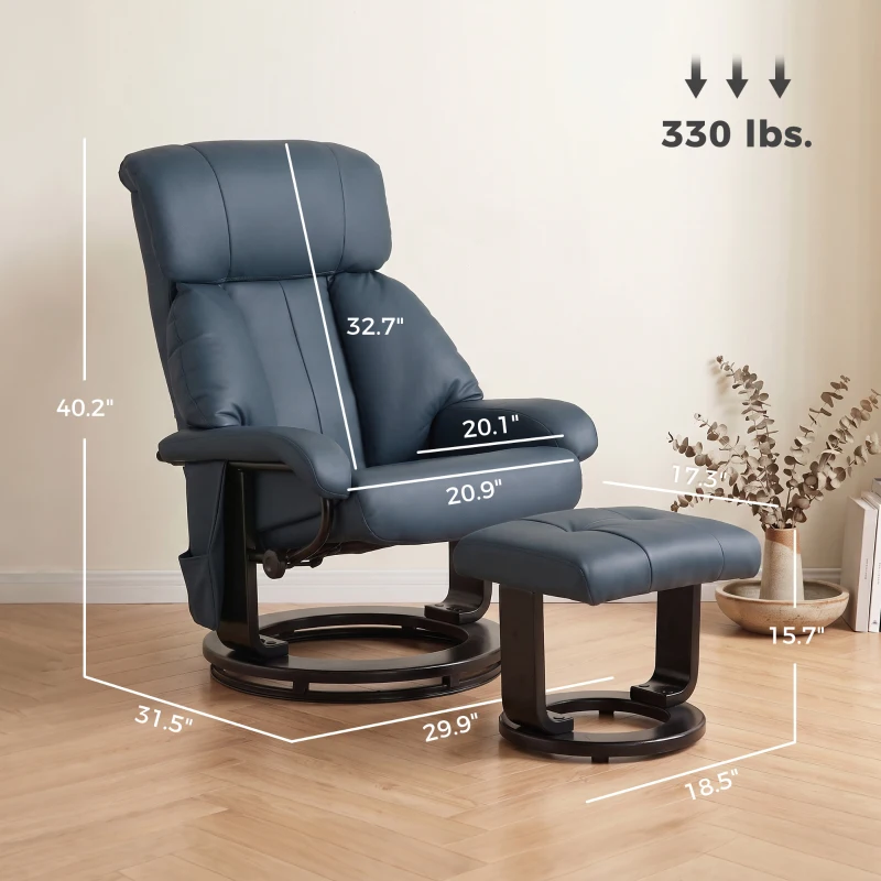 HOMCOM Massage Recliner Chair with Ottoman, 360° Swivel Recliner and Footstool, 10-Point Vibration, Blue