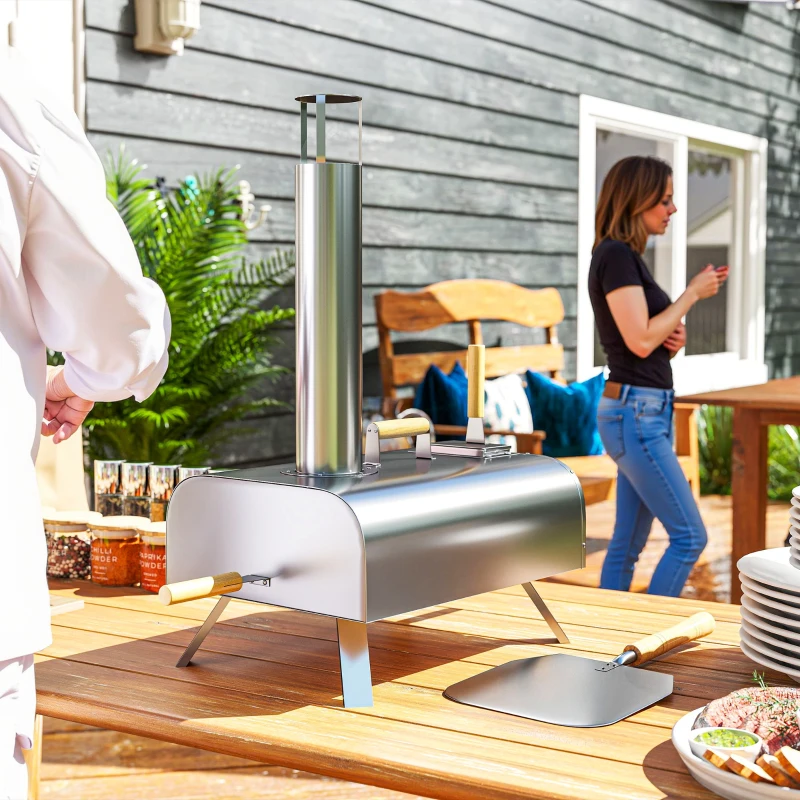 Outsunny Outdoor Pizza Oven, Portable Wood Pellet Pizza Oven with Pizza Stone and Peel, Foldable Legs, Chimney