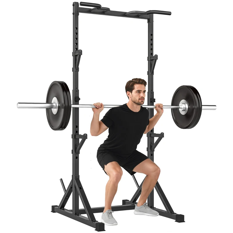Soozier Adjustable Squat Rack, Multi-Function Bench Press Rack with Weight Plate Holders and Pull up Bar, Black