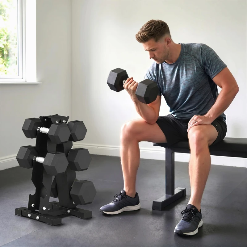 Soozier Hex Dumbbell Weight Set with Vertical Rack, 120lbs Rubber-Coated Dumbbells with Non-Slip Handles