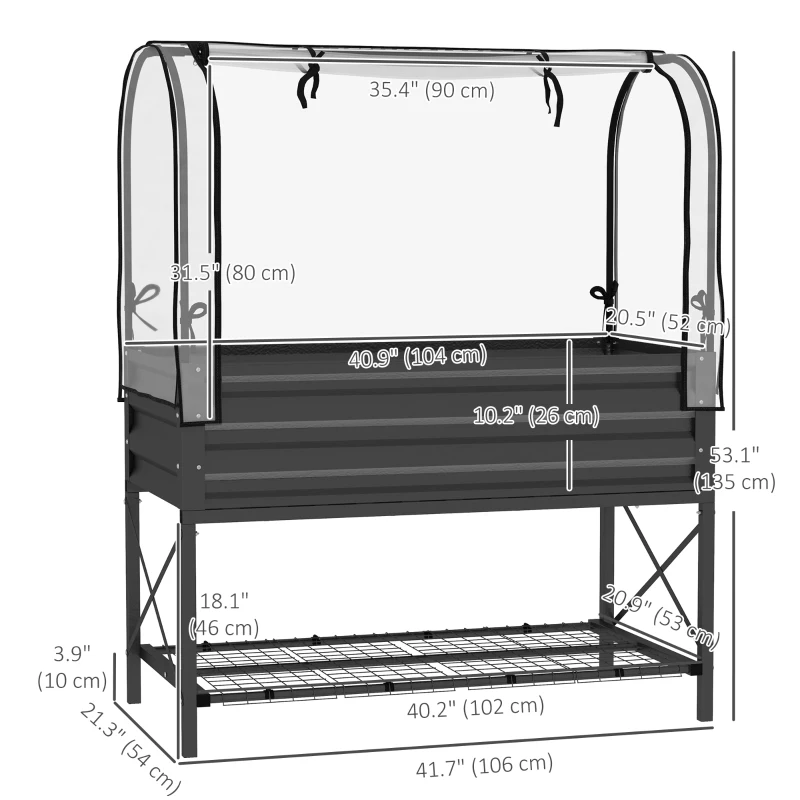 Outsunny Raised Garden Bed with Cover, Metal Elevated Planter Box with Bottom Shelf and Liner, Black