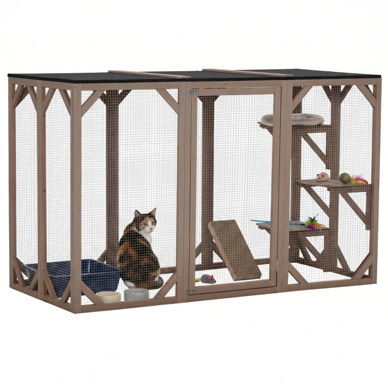 PawHut 71"L Catio Outdoor Cat Enclosure, Indoor Cat Cage, Pet House, Small Animal Hutch for 1-2 Rabbit, Kitten, Kitty Crate Kennel w/ Waterproof Roof, Multi-Level Platforms, Brown