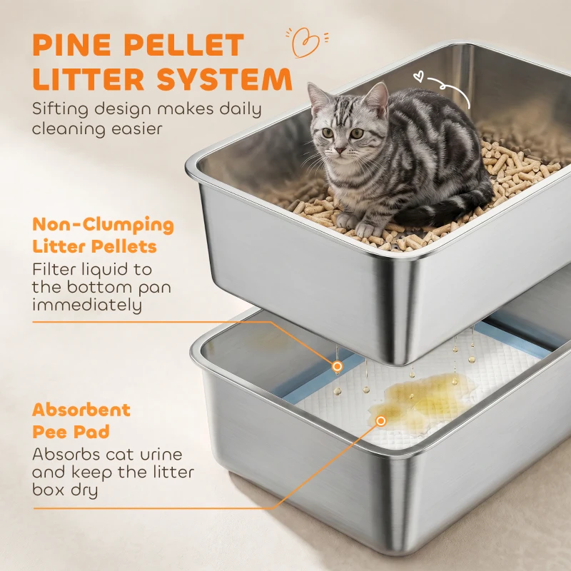 PawHut Stainless Steel Sifting Litter Box for Pine Pellets, Large Metal Litter Box with Sifter Tray, Metal Scoop, 10 Pee Pads