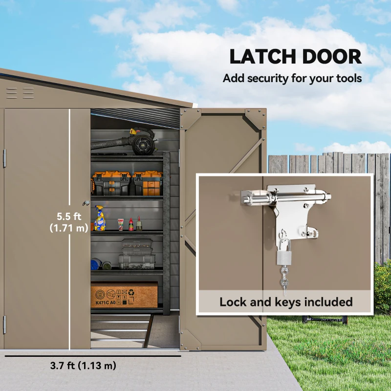Outsunny 4.6' x 9' Steel Outdoor Storage Shed, Lean to Shed, Metal Tool House with Foundation Kit, Lockable Doors, Gloves and 2 Air Vents for Backyard, Patio, Lawn, Brown