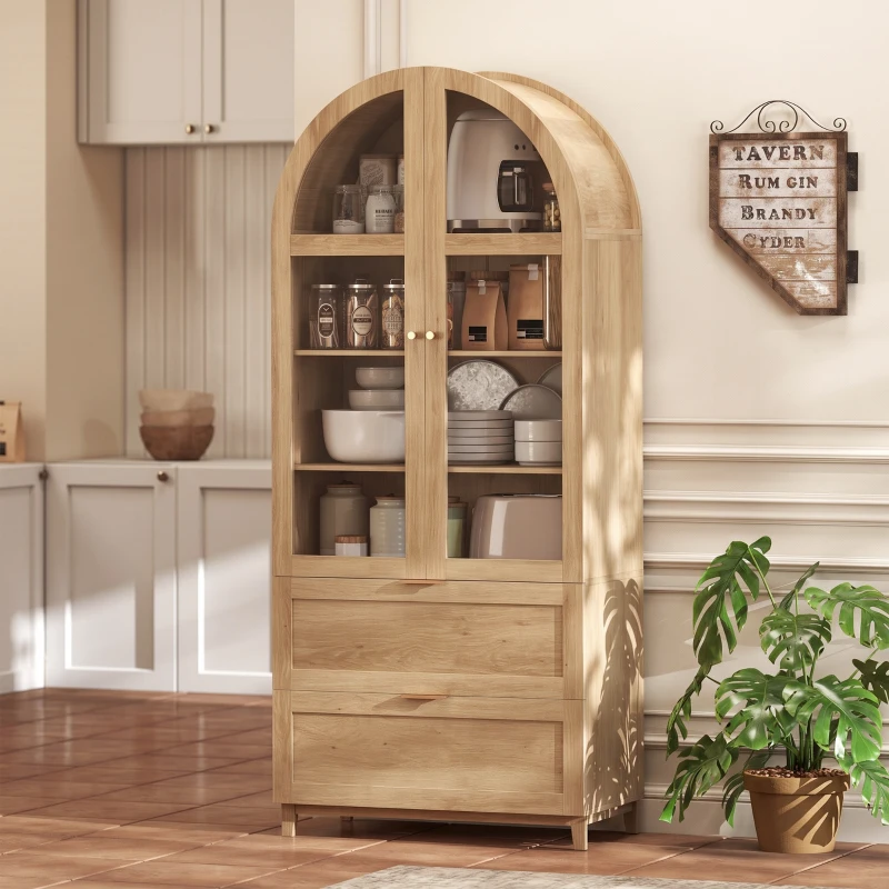 HOMCOM Arched Kitchen Pantry Cabinet, 71" Tall Farmhouse Kitchen Storage Cabinet with 2 Drawers, Acrylic Glass Doors, Oak