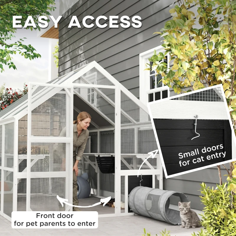 PawHut Outdoor Cat Enclosure Wooden Feral Cat House w/ Weatherproof Canopy, Bridges, Resting Boxes, Platforms, for 3-6 Cats