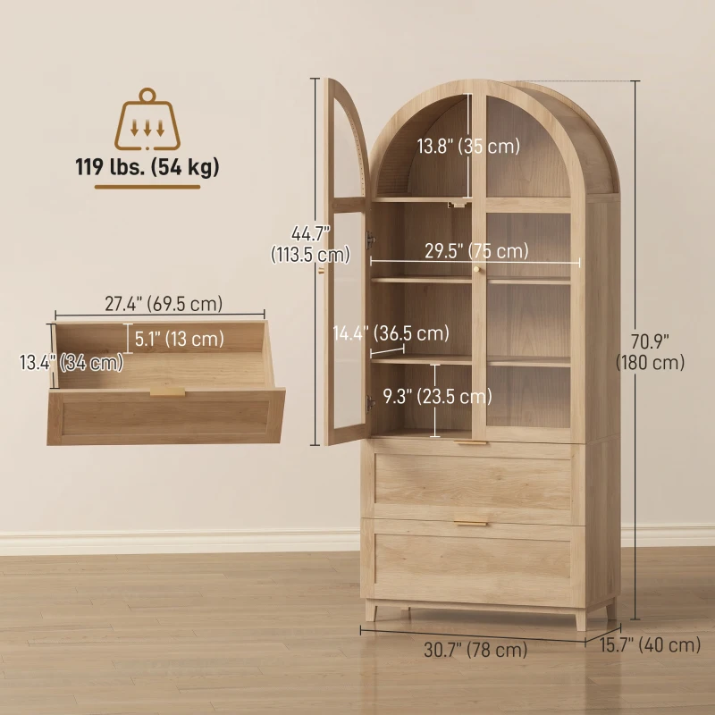 HOMCOM Arched Kitchen Pantry Cabinet, 71" Tall Farmhouse Kitchen Storage Cabinet with 2 Drawers, Acrylic Glass Doors, Oak