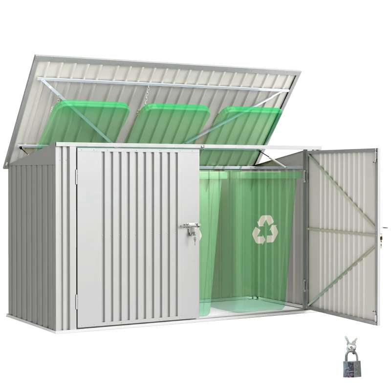 Outsunny 7.6 x 3.4ft Outdoor Storage Shed, 3 Garbage Bin Shed Organizer with Lockable Double Doors, Openable Lid, Silver Grey