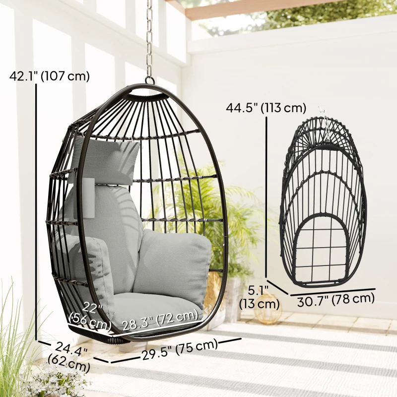 Outsunny Hanging Egg Chair Without Stand, Foldable Basket Swing Chair with Head Pillow, Soft Cushion and Cup Holder, Dark Grey