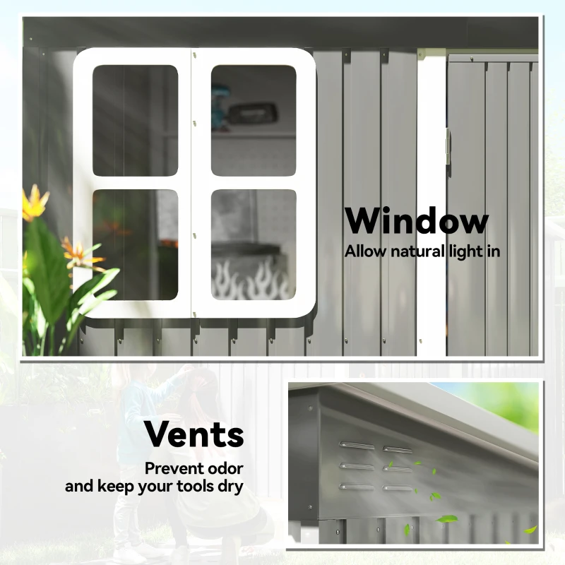 Outsunny 8.5' x 6' Galvanised Steel Outdoor Storage Shed, Garden Shed with Window, Lockable Wide Doors and Air Vents, Grey