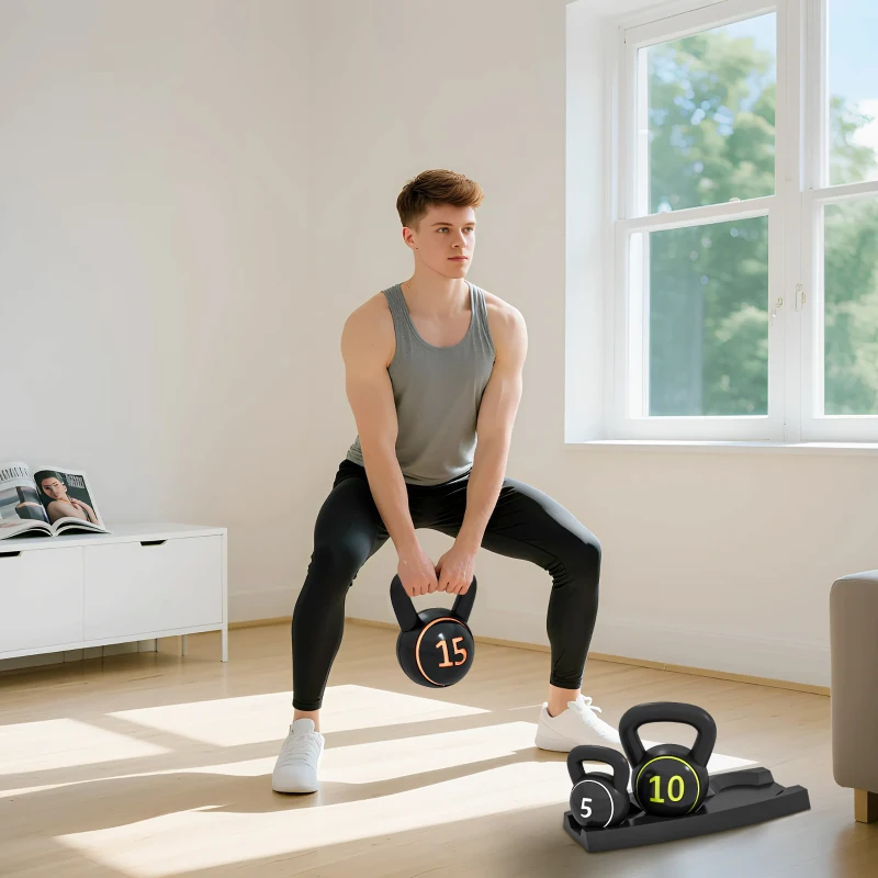 Soozier Three-Piece Kettlebell Set Weights with Storage Stand for Home Gym Weight Lifting Training, 5lbs, 10lbs, 15lbs (2.2kg, 4.5kg, 6.8kg)