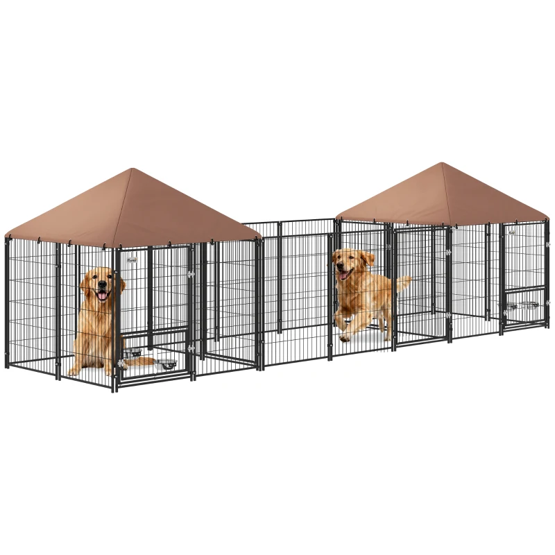 PawHut Outdoor Dog Kennel with 2 Rooms, Rotating & Adjustable Height Bowls, Waterproof UV-Resistant Cover, 16.2' x 4.7' x 5.1'
