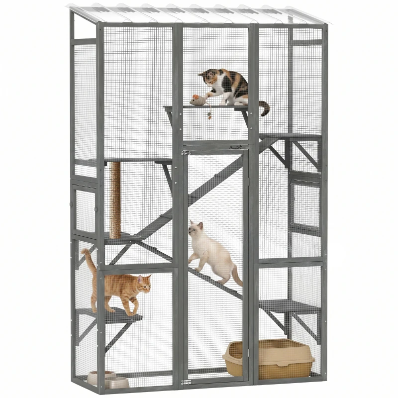 PawHut Large Outdoor Catio with 6 Jumping Platforms, Scratching Post, 2 Ramps, Waterproof Roof, Grey