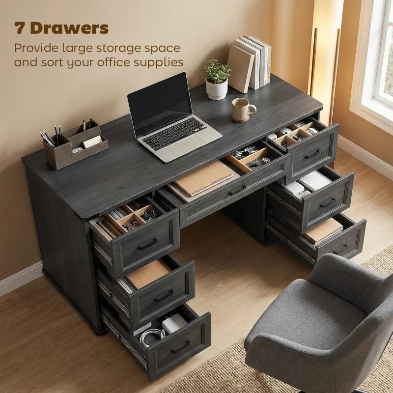 HOMCOM 55" Computer Desk with 7 Drawers, Farmhouse Executive Desk for Home Office, Study, Bedroom, Black Wood Grain