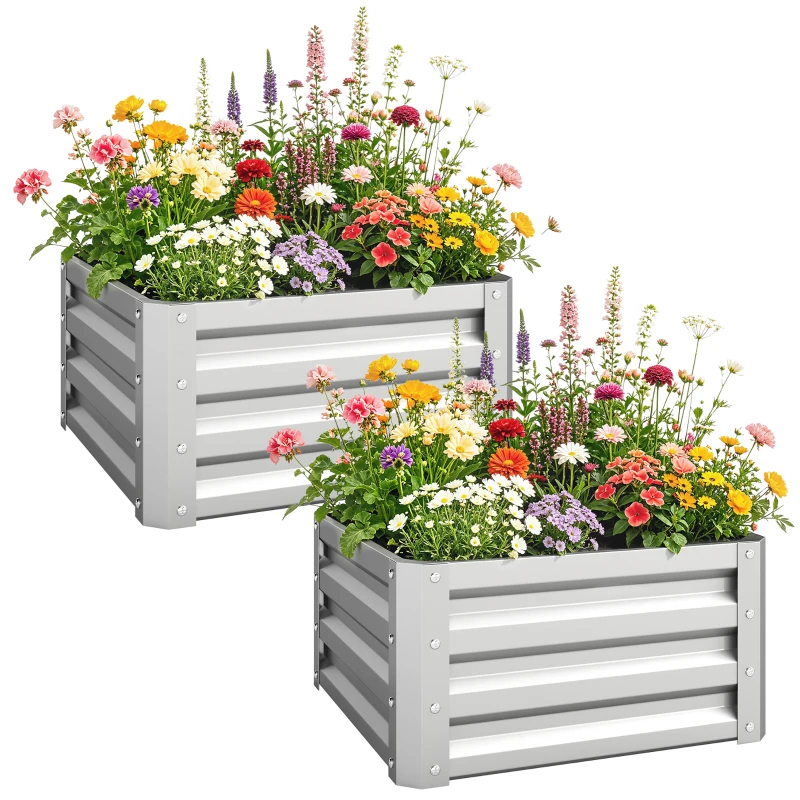 Outsunny Set of 2 Raised Garden Bed, 2 x 2 x 1ft Steel Planters for Outdoor Plants, Elevated Planter Box, Easy-to-assemble, for Flowers Herbs and Vegetables, Silver