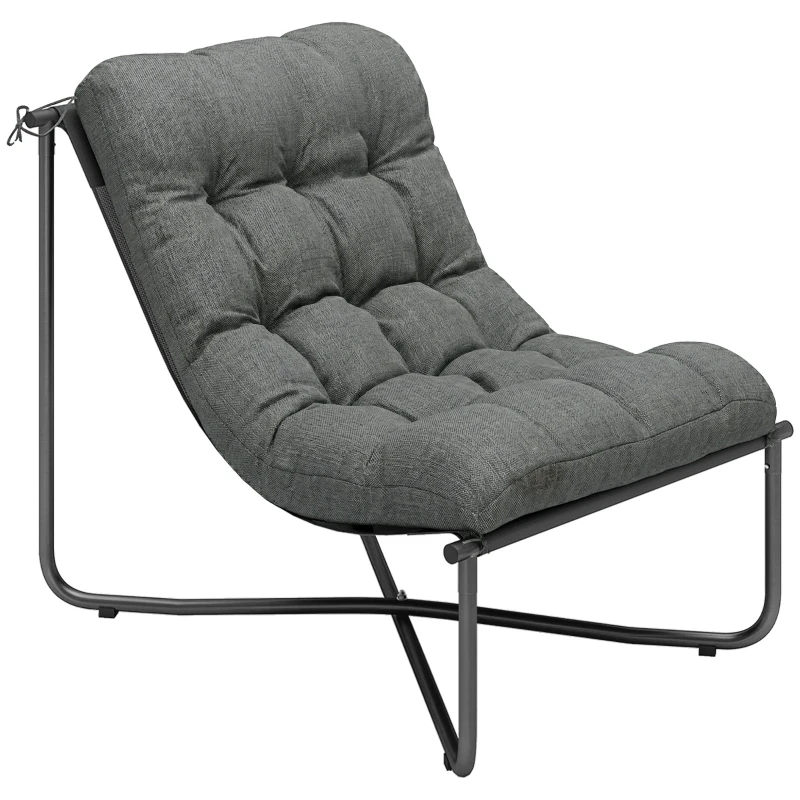 Outsunny Outdoor Patio Chair, Comfy Sling Lounge Chair with Cushion, Breathable Wide Seat, Steel Frame, Dark Grey