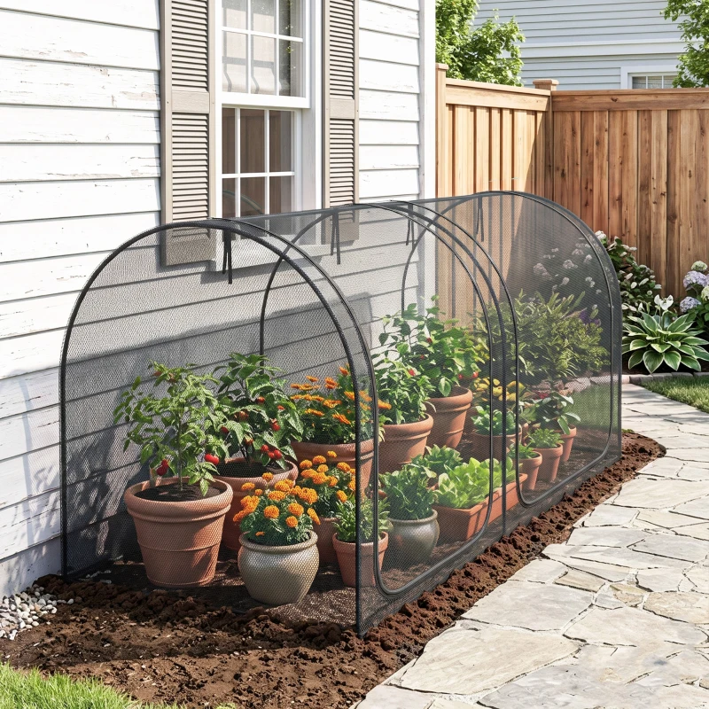 Outsunny 8' x 4' Crop Cage, Plant Protection Tent with Two Zippered Doors, Steel Frame, Storage Bag and 4 Ground Stakes, for Garden, Yard, Lawn, Black
