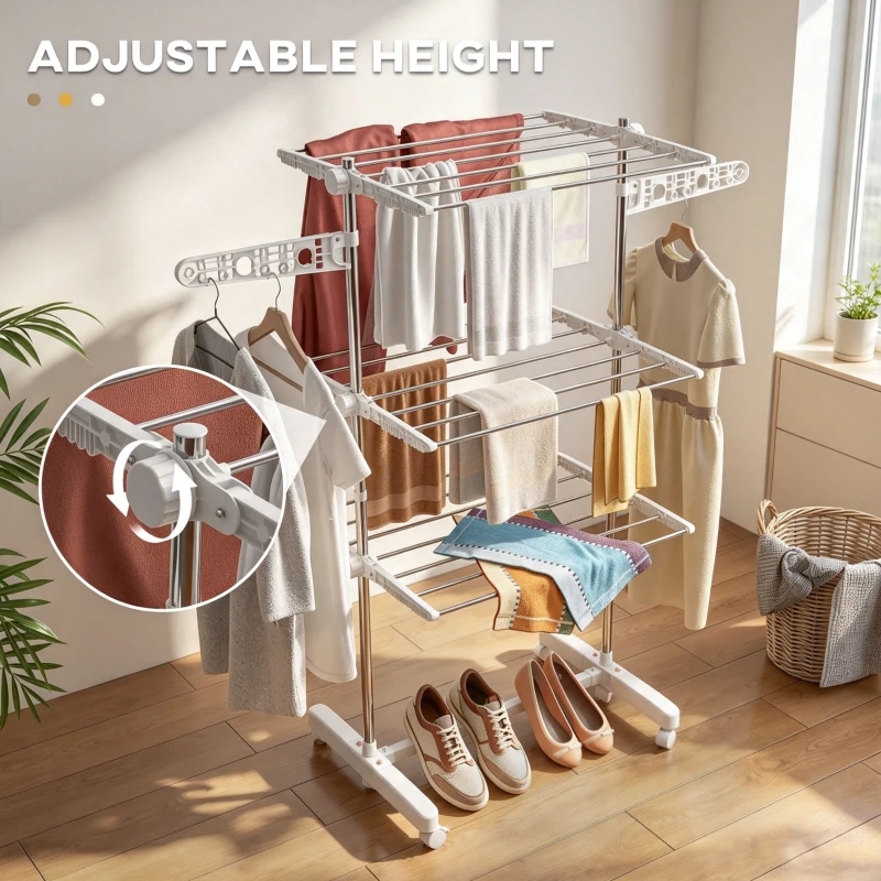 HOMCOM 3-Tier Foldable Clothes Drying Rack, Stainless Steel Laundry Rack with 2 Side Wings and 6 Castors, Collapsible Adjustable Clothes Airer for Indoor Outdoor, White