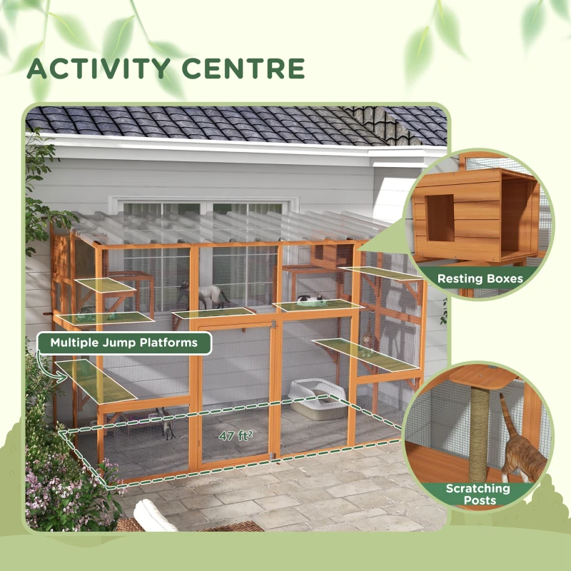 PawHut Large Outdoor Catio with 2 Condos, Jumping Platforms, Waterproof Roof, Orange