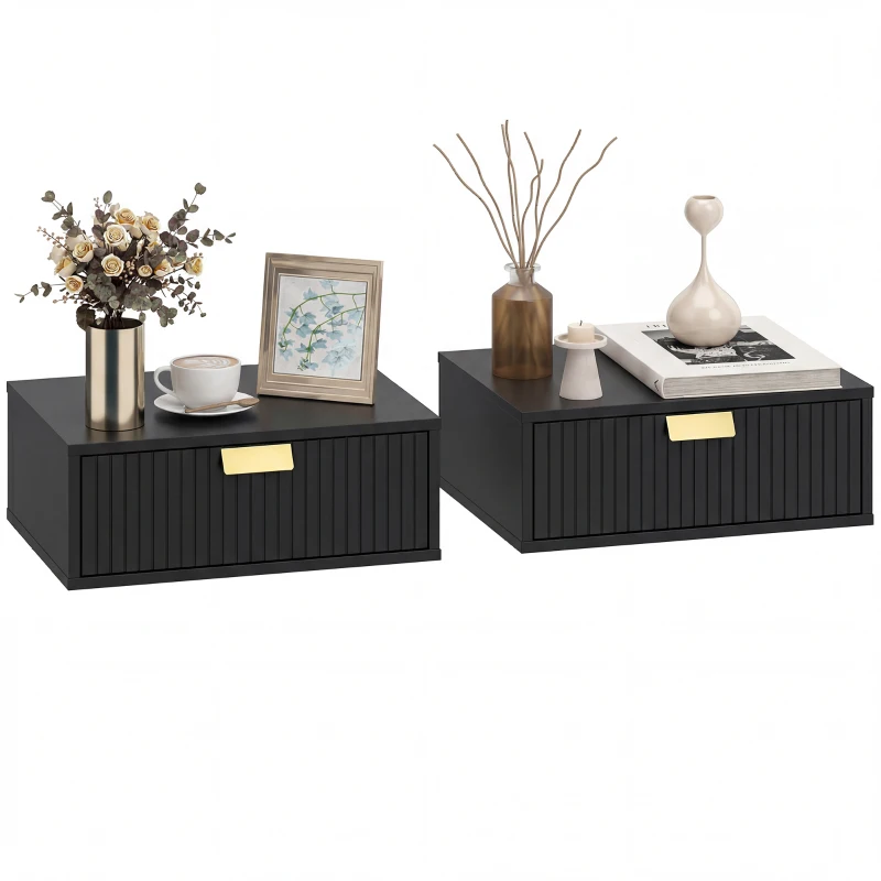 HOMCOM Modern Floating Nightstands Set of 2, Wall Mounted Bedside Tables with Wave Drawer Black