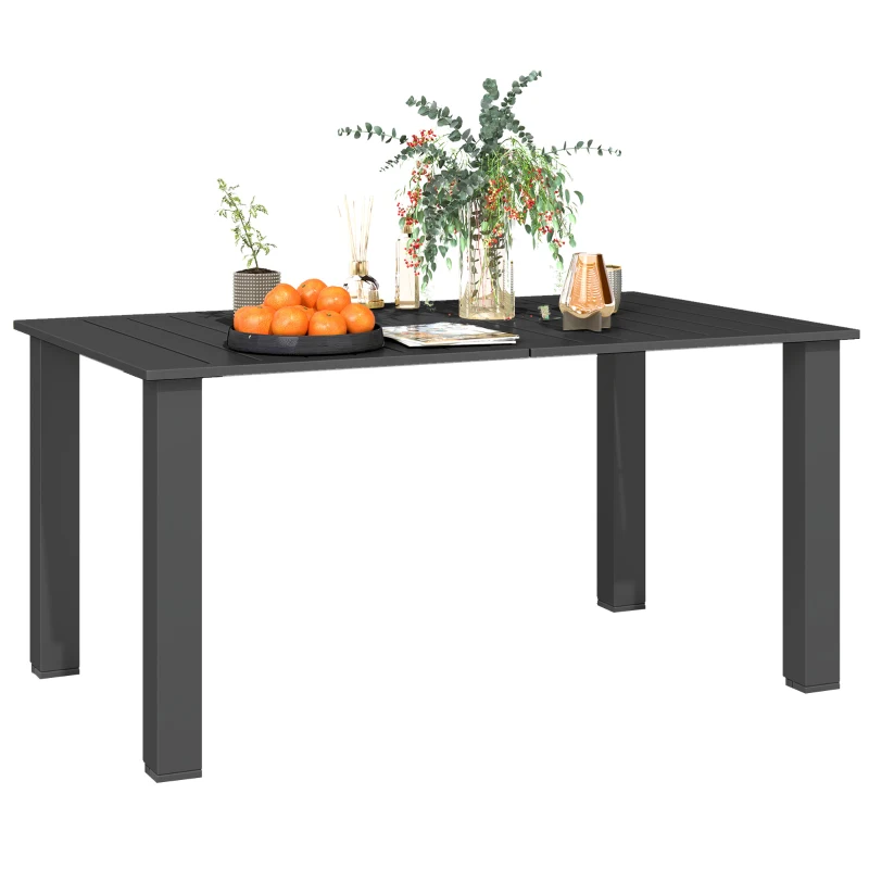 Outsunny 59" Outdoor Patio Table with Umbrella Hole, Outdoor Dining Table with Slatted Tabletop for Backyard Garden, Black