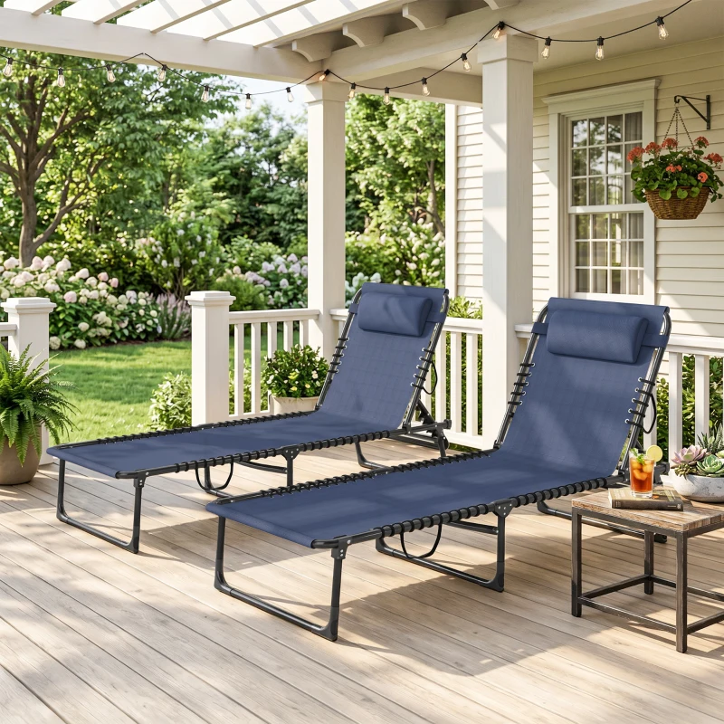 Outsunny 2 Folding Chaise Lounge Pool Chairs with 4-Position Reclining Back, Pillow, Breathable Mesh & Bungee Seat, Dark Blue