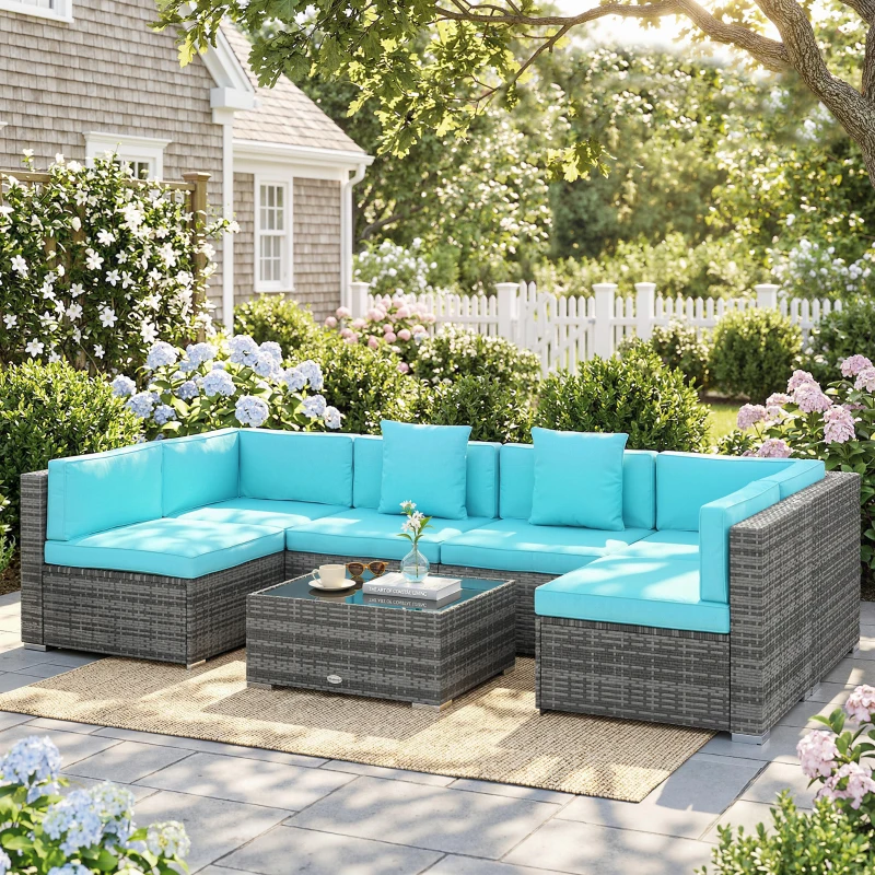 Outsunny 7 Pieces Outdoor Rattan Furniture Set, Patio Wicker Sectional Conversation Sofa Set, Blue